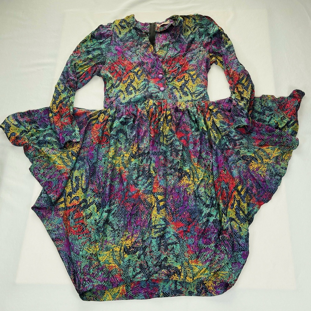 Vintage Dominique Girardeau Dress Silk Abstract Long Sleeve 80s Paris Couture